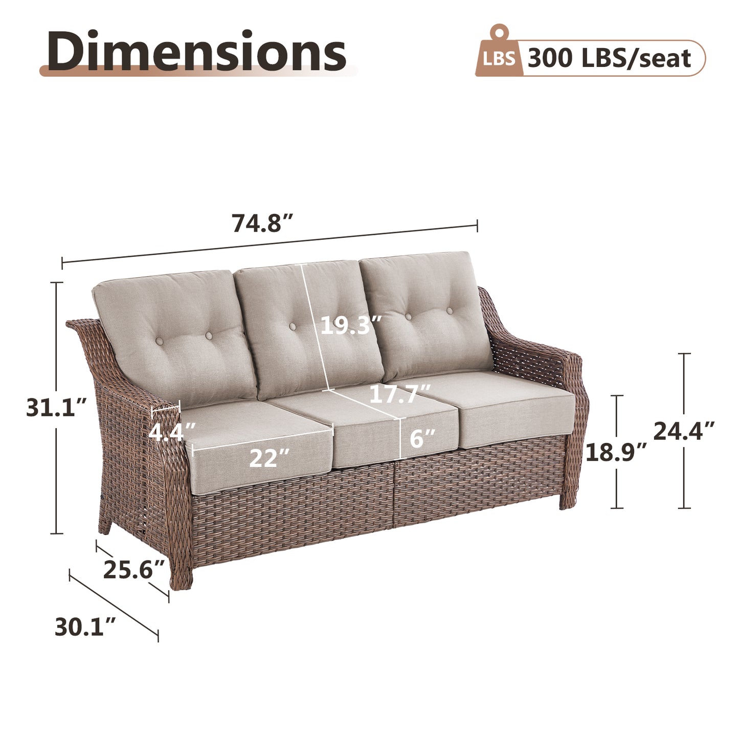 Luxury Wicker 3-Seat Sofa– High Back Design with 6" Premium Thick Cushions, Ovolo Series