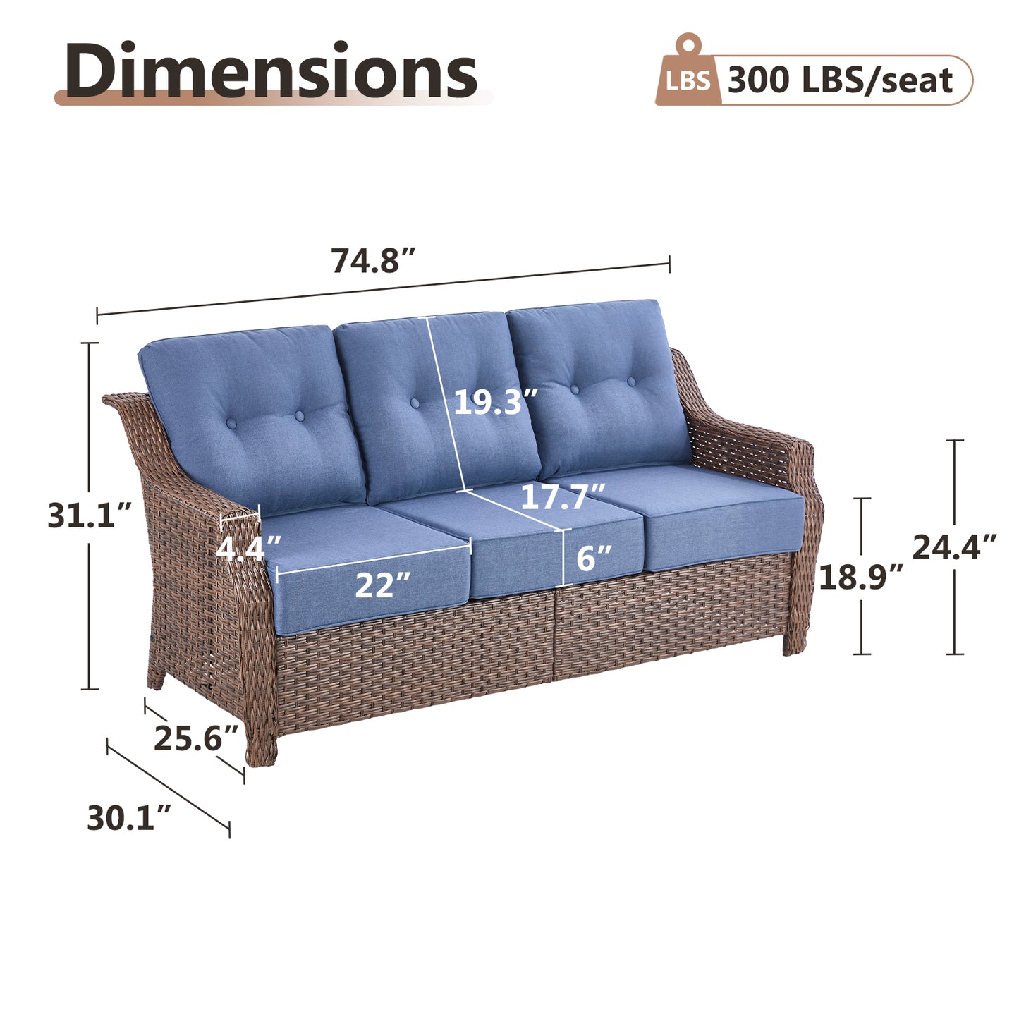 Luxury Wicker 3-Seat Sofa– High Back Design with 6" Premium Thick Cushions, Ovolo Series