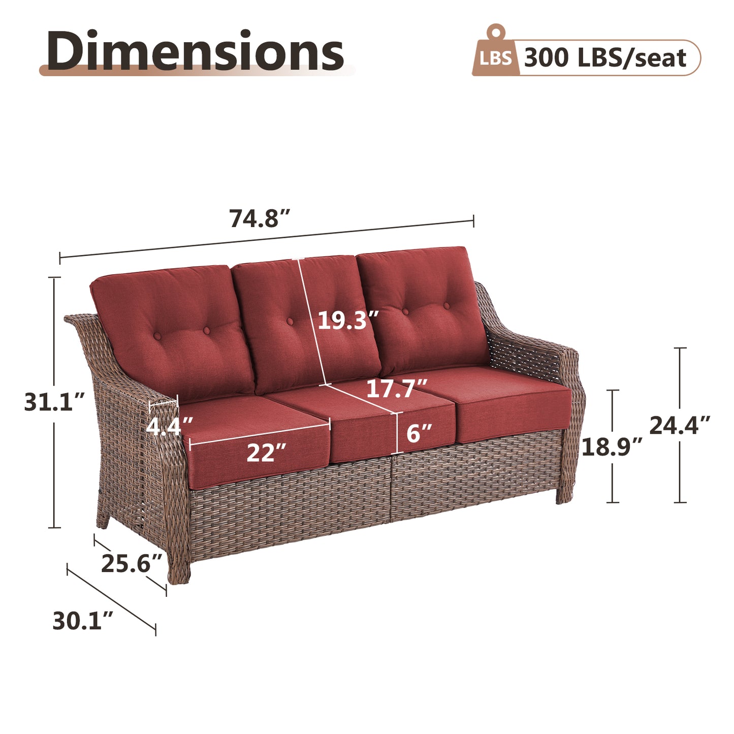 Luxury Wicker 3-Seat Sofa– High Back Design with 6" Premium Thick Cushions, Ovolo Series