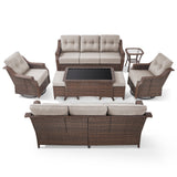 8-Piece Luxury Outdoor Wicker Set - 2 High Back Swivel Glider Chairs + 2 Rattan Sofa, Coffee Table & Ottoman, Ovolo Series - Belord