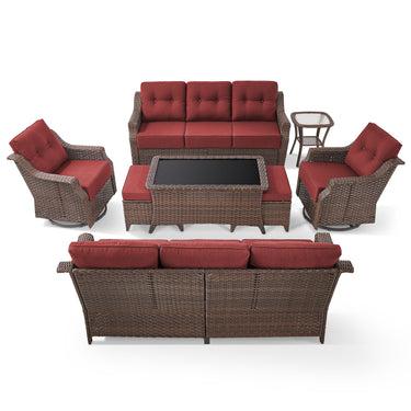 8-Piece Luxury Outdoor Wicker Set - 2 High Back Swivel Glider Chairs + 2 Rattan Sofa, Coffee Table & Ottoman, Ovolo Series - Belord