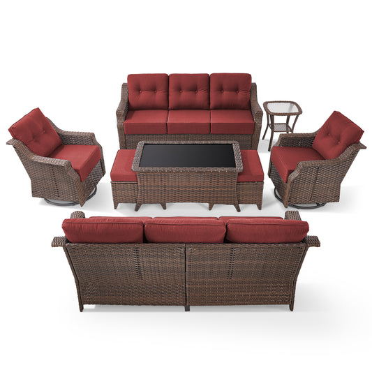 8-Piece Luxury Outdoor Wicker Set - 2 High Back Swivel Glider Chairs + 2 Rattan Sofa, Coffee Table & Ottoman, Ovolo Series