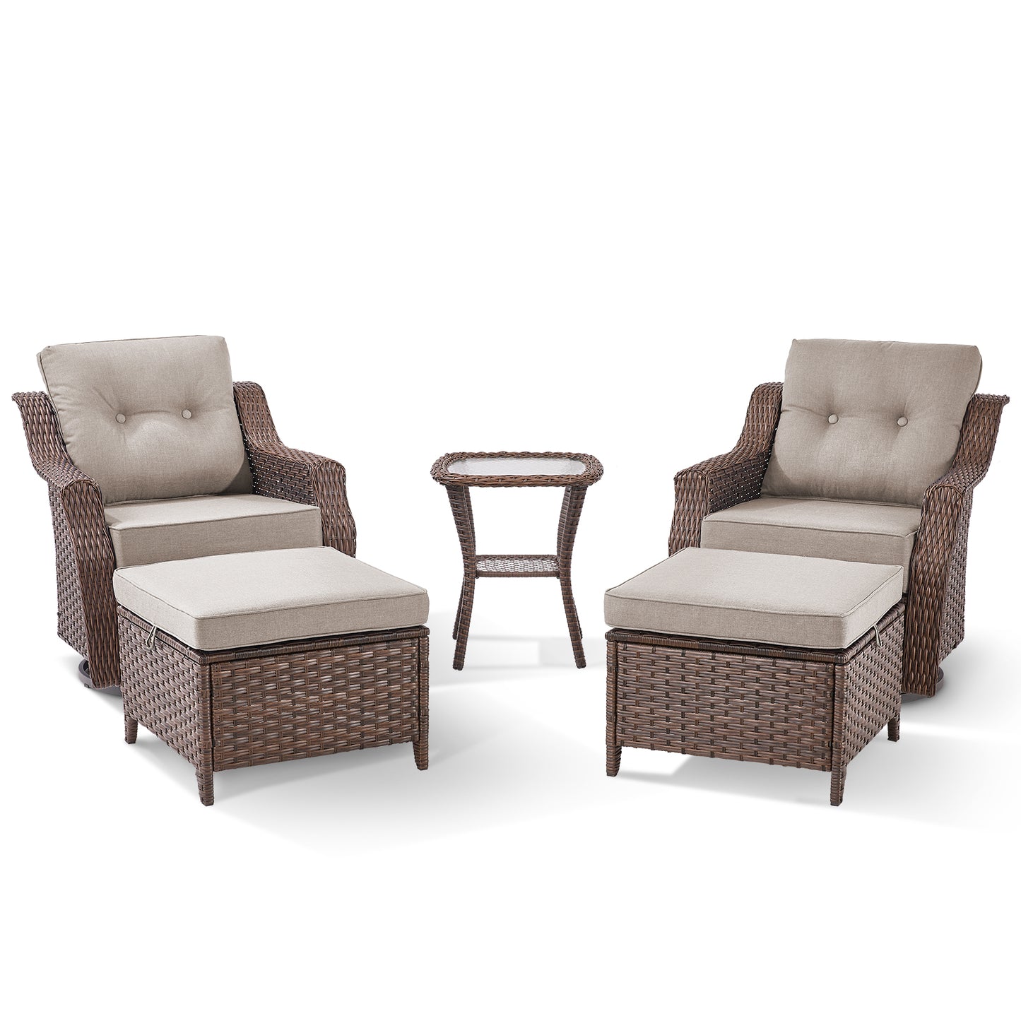 Luxury 5-Pc Rattan Patio Set - 2 Swivel Glider Chairs with Ottoman & Tempered Glass Side Table, 6" Premium Removable Cushions, Ovolo Series