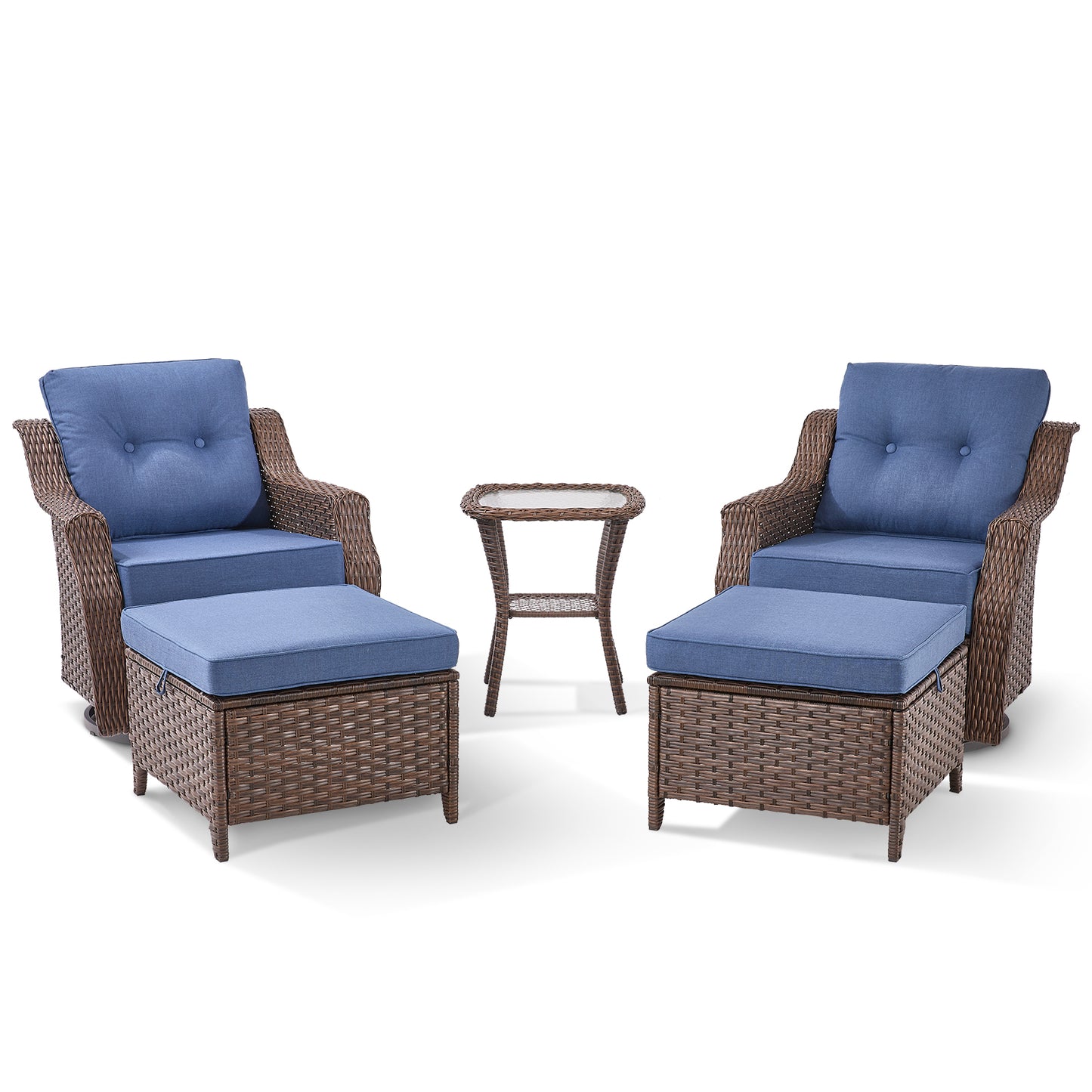 Luxury 5-Pc Rattan Patio Set - 2 Swivel Glider Chairs with Ottoman & Tempered Glass Side Table, 6" Premium Removable Cushions, Ovolo Series