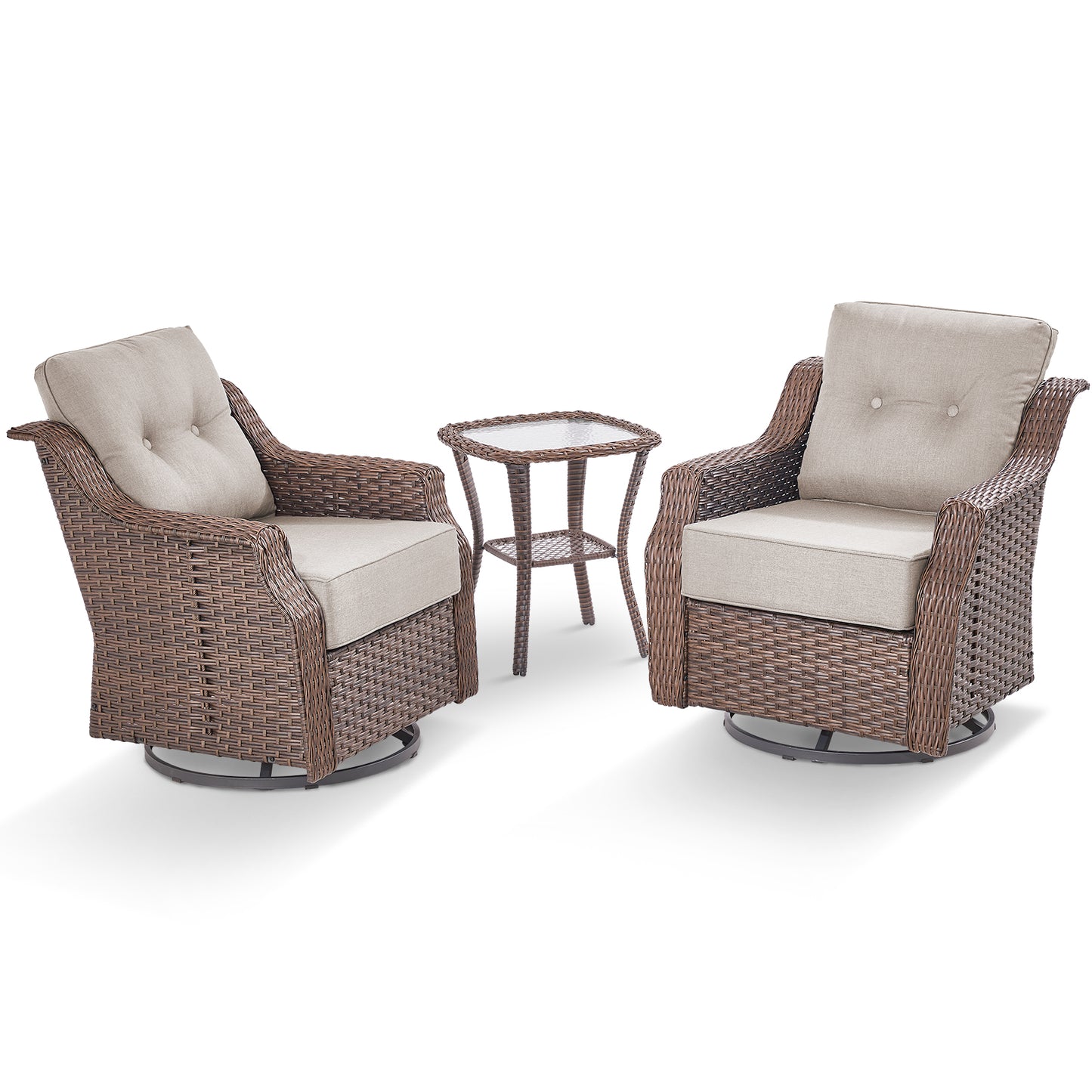 Luxury 3-Pc Outdoor Wicker Swivel Glider Set - 2 High Back Patio Chairs with 6" Thick Cushions & Side Table, Ovolo Series