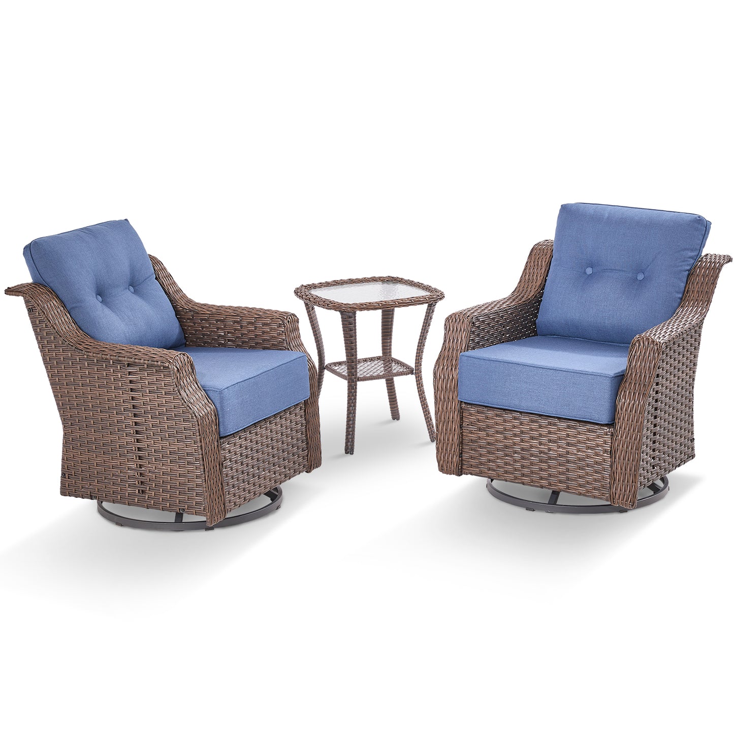 Luxury 3-Pc Outdoor Wicker Swivel Glider Set - 2 High Back Patio Chairs with 6" Thick Cushions & Side Table, Ovolo Series