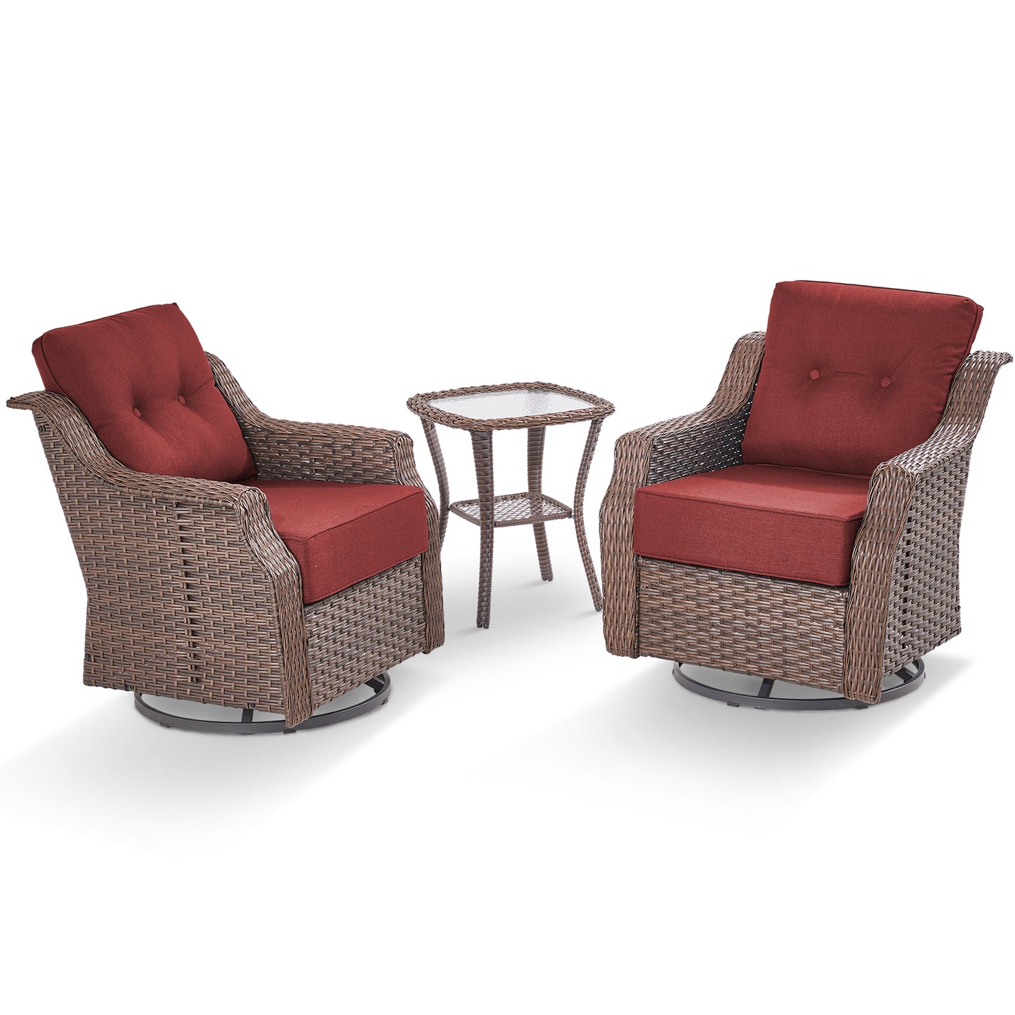 Luxury 3-Pc Outdoor Wicker Swivel Glider Set - 2 High Back Patio Chairs with 6" Thick Cushions & Side Table, Ovolo Series