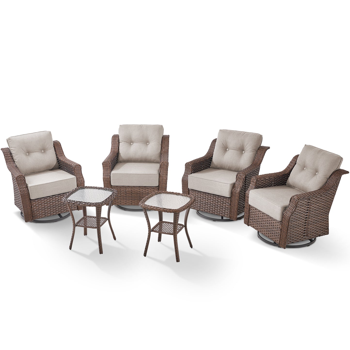 Luxury 6-Pc 6" Thick-Cushion Patio Set - 4 Swivel Glider Chairs & Tempered Glass Side Table, Ovolo Series