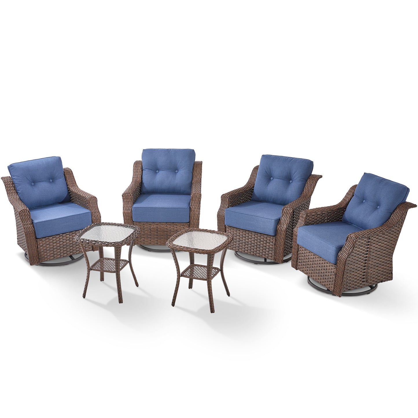 Luxury 6-Pc 6" Thick-Cushion Patio Set - 4 Swivel Glider Chairs & Tempered Glass Side Table, Ovolo Series