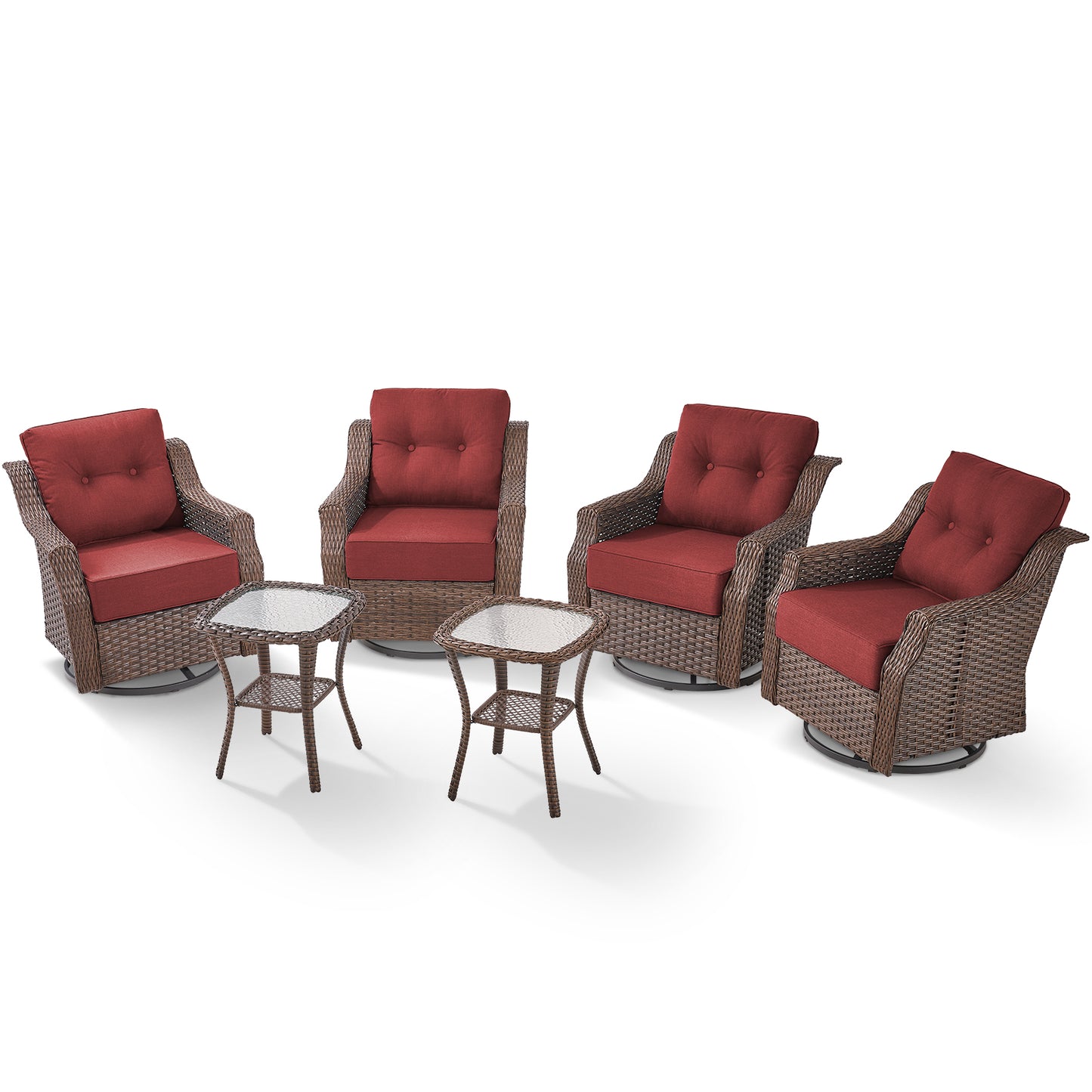 Luxury 6-Pc 6" Thick-Cushion Patio Set - 4 Swivel Glider Chairs & Tempered Glass Side Table, Ovolo Series