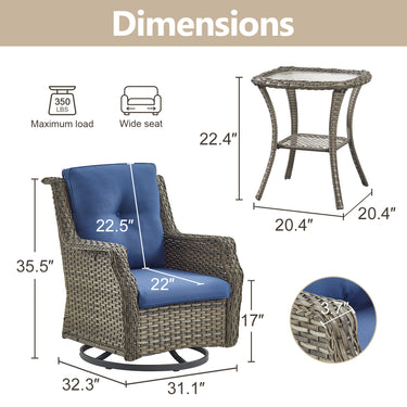 Save 50% - Luxury Wicker Swivel Patio Chairs Set of 3, NDC Series - Belord