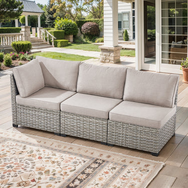 Belord 78-inch modular wicker patio sofa with three seats and 4-inch cushions from the PAD Series, outdoor lounge furniture.