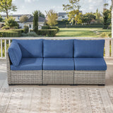 Belord 78-inch modular wicker patio sofa with three seats and beige cushions, part of the PAD Series outdoor furniture.