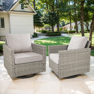 Pair of Belord oversized swivel patio chairs with high backs and 4-inch cushions from the PAD Series, perfect for outdoor relaxation.