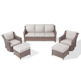 Belord 5-piece patio conversation set with sofa, swivel chairs, and ottomans, arranged on a stylish outdoor patio.