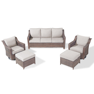 Belord 5-piece patio conversation set with sofa, swivel chairs, and ottomans, arranged on a stylish outdoor patio.