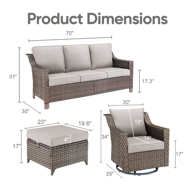 Belord 5-piece patio conversation set with sofa, swivel chairs, and ottomans, shown in a stylish outdoor space.