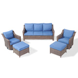 Belord 5-piece patio conversation set with sofa, swivel chairs, and ottomans outdoors, featuring cushioned seating and stylish design.