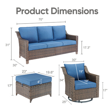 Belord 5-piece patio conversation set with sofa, swivel chairs, and ottomans, arranged on a modern outdoor patio.