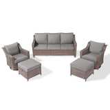 Belord 5-piece patio conversation set with sofa, swivel chairs, and ottomans, featuring gray cushions and outdoor furniture design.