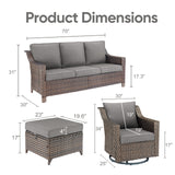 Gray 5-piece patio conversation set by Belord featuring sofa, swivel chairs, and ottomans for outdoor relaxing.