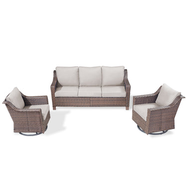 Belord 3-piece patio conversation set with sofa and swivel chairs, featuring cushioned seating and outdoor-friendly design.