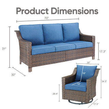 Belord 3-piece patio conversation set with sofa and swivel chairs, featuring comfortable outdoor seating and durable cushions.