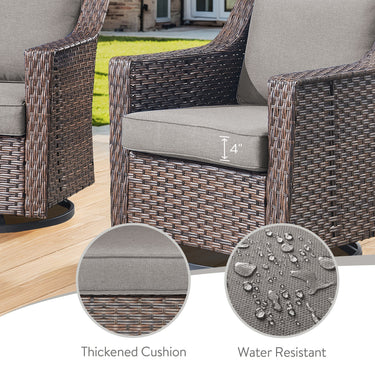 Belord 3-piece patio conversation set with sofa and swivel chairs, featuring plush cushions and modern design for outdoor lounging.
