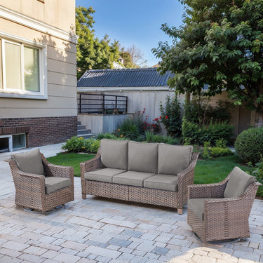Belord 3-piece patio conversation set with sofa and swivel chairs, featuring gray cushions and sturdy outdoor furniture design.