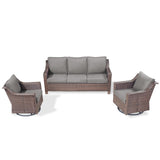 Gray 3-piece patio conversation set by Belord featuring a sofa and swivel chairs for outdoor seating and relaxation.