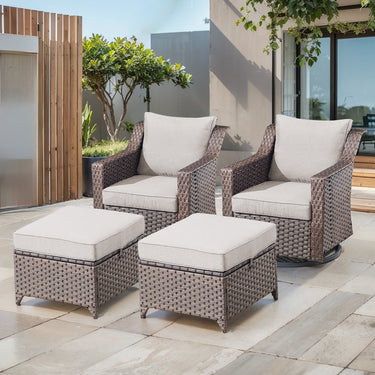 Belord 4-piece patio set with swivel rockers and ottomans, featuring comfortable outdoor furniture for relaxing conversations.