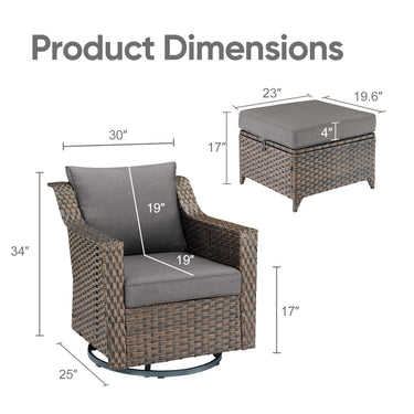 Belord 4-piece patio conversation set with swivel rockers and ottomans, gray cushions, outdoor furniture for relaxing outdoor spaces.