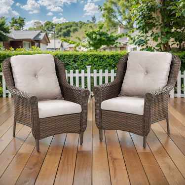 Set of 2 Belord high-back wicker patio chairs with floral armrest design, ideal for outdoor seating and garden decor.
