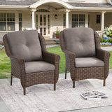 Set of 2 Belord high-back wicker patio chairs with floral armrest design, perfect for outdoor seating and garden decor.