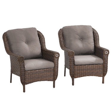 Set of 2 Belord high-back wicker patio chairs with floral armrest design, perfect for outdoor seating and stylish garden decor.