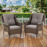 Set of 2 Belord wicker patio chairs with high backs, floral armrest design, ideal for outdoor seating and garden decor.