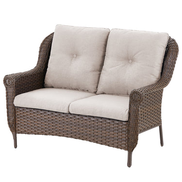 Belord wicker outdoor loveseat with high back and floral armrest design, perfect for patio seating.