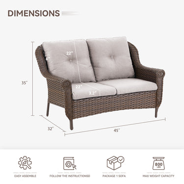 Belord wicker outdoor loveseat with high back and floral armrest design, ideal for patio lounging and outdoor decor.