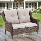 Belord wicker outdoor loveseat with high back and floral armrest design, perfect for patio relaxation.