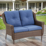 Wicker outdoor loveseat with high back and floral armrest design from Belord FL Series, perfect for patio seating.