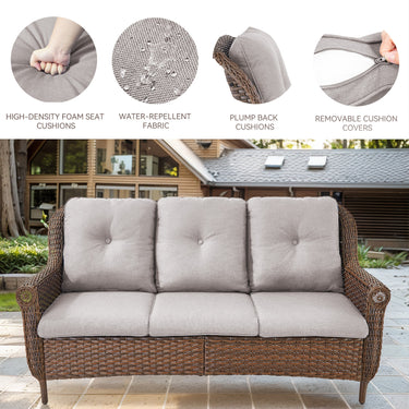 Belord 3-seat wicker outdoor patio sofa with high back and floral armrests, designed for comfortable outdoor lounging.