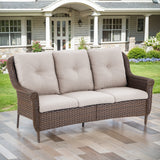 Belord 3-seat wicker outdoor sofa with high back and floral armrest, ideal for patio lounging and outdoor relaxation.