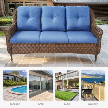 Belord 3-seat wicker outdoor patio sofa with high back and floral armrests, FL Series, suitable for garden or patio seating.