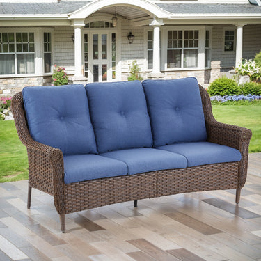 Belord 3-seat wicker outdoor patio sofa with high back and floral armrests, part of the FL Series, suitable for garden or porch use.