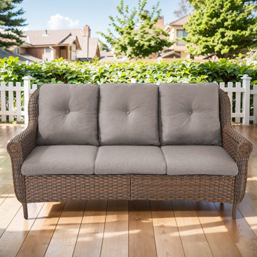 Belord 3-seat wicker outdoor patio sofa with high back and floral armrest, FL Series, ideal for garden or porch seating.