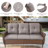 Belord 3-seat wicker outdoor patio sofa with high back and floral armrests, perfect for garden or patio relaxation.