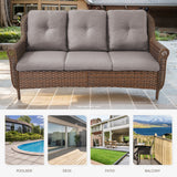 Belord 3-seat wicker outdoor patio sofa with high back, floral armrest, and plush cushions, perfect for garden or patio lounging.