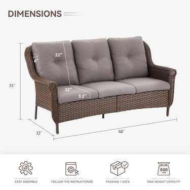 Belord 3-seat wicker outdoor patio sofa with high back and floral armrests, perfect for garden or porch seating.