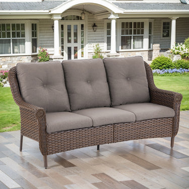 Belord 3-seat wicker outdoor patio sofa with high back and floral armrests, ideal for stylish outdoor seating.