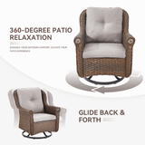 Set of 2 Belord wicker patio swivel glider chairs with high backrests, floral armrests, ideal for outdoor seating.